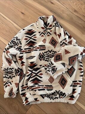 Aztec Sherpa Half-Zip Pullover Jacket - Cream with Rust & Black